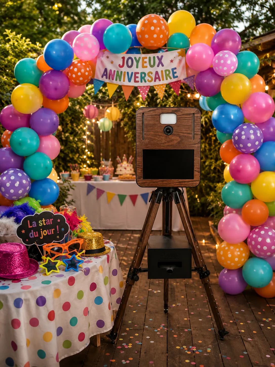 Photobooth en bois dans un décor d'anniversaire en extérieur avec ballons