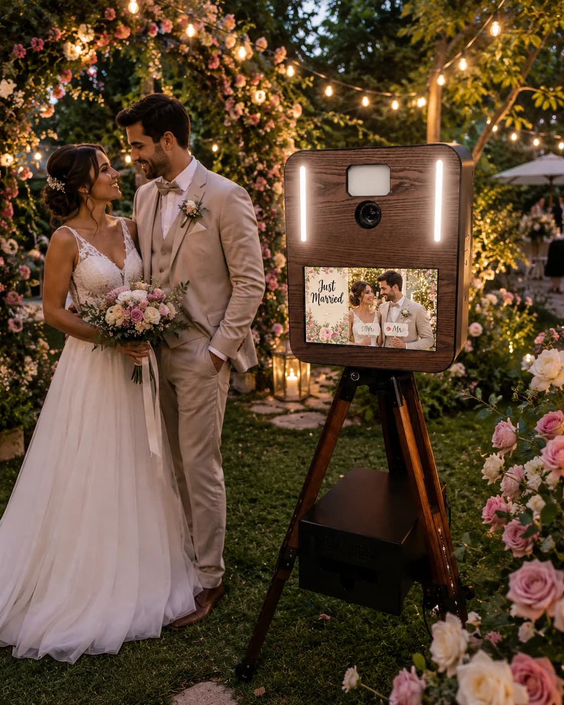 Couple de mariés près d'un photobooth Charly's Event dans un jardin
