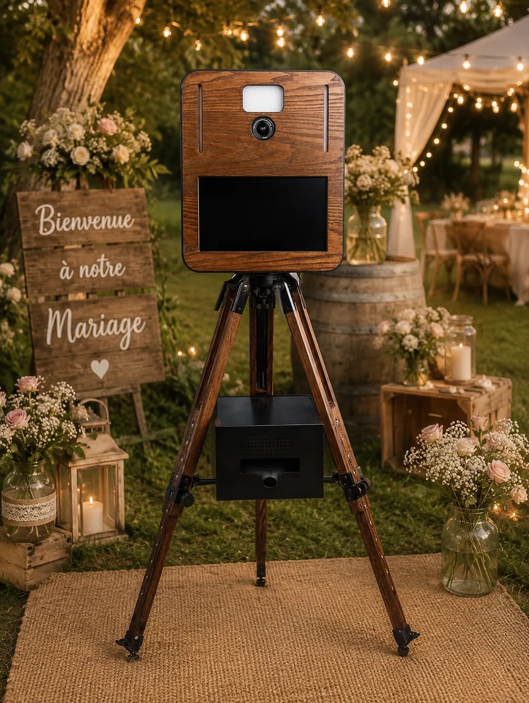 Photobooth en bois Charly's Event dans un décor de mariage en extérieur