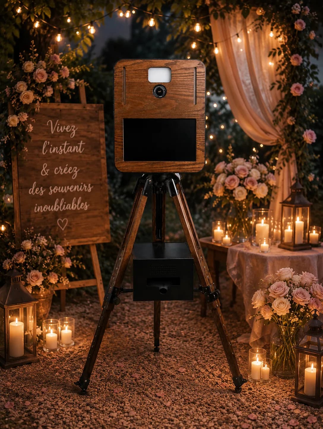 Photobooth Charly's Event dans une décoration de mariage nocturne avec bougies