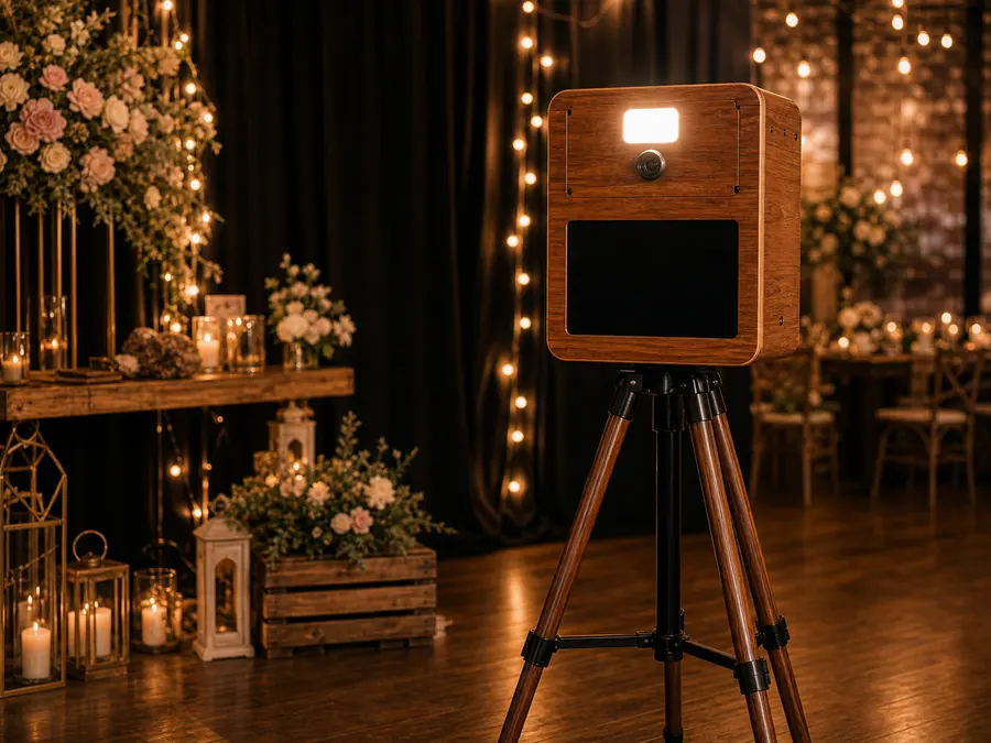 Photobooth en bois installé dans un décor de réception élégant