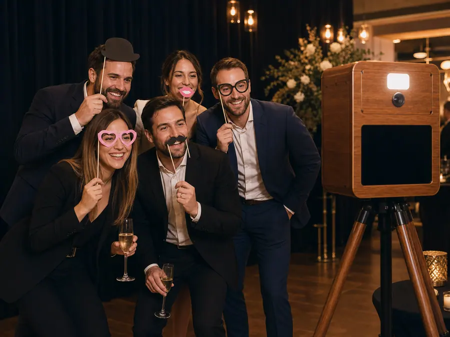 Invités d’un cocktail d’entreprise autour d’un photobooth